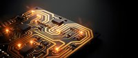 Futuristic circuit board with glowing orange pathways and electronic components on dark background for technology and innovation concepts.