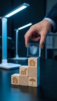 Businessman hand placing shield protection block on wooden cubes with financial icons representing insurance coverage and risk management strategy.