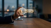 Businessman hand holding glowing key with upward arrow and financial symbols, representing success, growth, and unlocking business opportunities for corporate and entrepreneurial concepts.