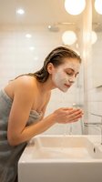 Young woman with wet hair and facial clay mask rinsing her face with water at bathroom sink surrounded by illuminated mirror lights, skincare routine and beauty treatment.