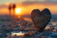 Heart-shaped stone on beach at golden sunset with silhouette of couple in background, romantic bokeh reflections on wet sand create dreamy atmosphere.