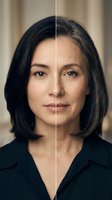 Split screen comparison showing woman aging process from young to mature with natural wrinkles and gray hair transformation for skincare and beauty concepts.