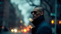 Young African American man in dark coat and sunglasses on urban street with bokeh lights in background, creating moody atmospheric portrait.