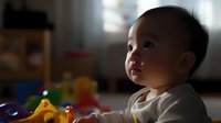 Asian baby in white clothing sitting on floor with colorful toys in blurred background, soft natural window lighting creates gentle mood for childhood and parenting concepts.
