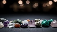 Collection of colorful healing crystals and gemstones arranged on dark surface with warm bokeh lights creating mystical atmosphere for wellness practices.