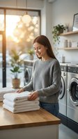 Young woman folding clean white towels in modern laundry room with washing machines and warm sunlight streaming through window.