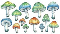 Colorful fantasy mushrooms collection with striped and spotted caps in green, blue, orange hues isolated on white background for nature design projects.