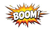 Comic book explosion burst with BOOM text in bold white letters on colorful starburst background isolated on white for graphic design and pop art projects.