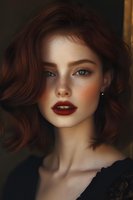 Young woman with auburn hair, freckles and burgundy lipstick in dramatic portrait lighting. Natural makeup and soft waves create romantic vintage-inspired beauty look.