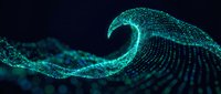 Digital wave made of glowing turquoise particles flowing against dark background, representing data stream, technology, innovation, and digital transformation for tech designs.