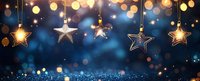 Glowing star ornaments hanging against dark blue bokeh background with golden lights and sparkles creating magical holiday atmosphere.