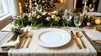 Elegant holiday table setting with white plates, gold flatware, and festive greenery centerpiece with ornaments for seasonal dining and entertaining.