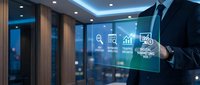 Businessman in suit touching futuristic digital screen with SEO strategy, keyword analysis, traffic growth and marketing ROI icons.