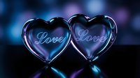 Two glossy glass hearts with glowing Love inscription on dark bokeh background, reflecting light in blue and purple tones for romantic designs.
