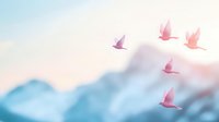 Pink birds soaring over misty mountain landscape at sunrise, soft pastel colors create dreamy atmospheric scene with flying silhouettes against blue peaks.