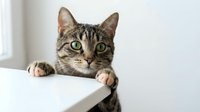 Adorable tabby cat with green eyes peeking over white surface, curious feline expression perfect for pet care marketing and animal lover content.