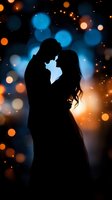 Romantic silhouette of loving couple embracing against magical bokeh background with blue and orange lights, sparkles and dreamy atmosphere.