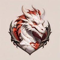 White and red dragon head with ornate frame and heart detail, fierce expression with sharp teeth and horns against neutral background. Fantasy art style.