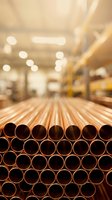 Copper pipes stacked in industrial warehouse with blurred background showing construction materials storage and plumbing supply distribution center.