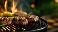 Juicy beef burgers grilling on barbecue grill with flames and corn, outdoor summer cooking scene for restaurant menus and food advertising campaigns.