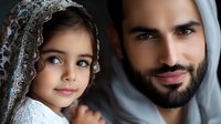 Middle Eastern father and young daughter share tender moment, girl wearing delicate lace veil, man in traditional grey headscarf, close-up portrait showing cultural bond and family love.