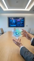 Businessman hands holding glowing holographic cube in modern conference room with digital display for technology presentations and innovation concepts.