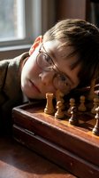 Young Caucasian man with glasses resting head on wooden chess board in warm sunlight by window, contemplating strategic game moves in cozy indoor setting.