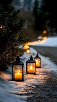 Winter evening scene with glowing lanterns and candles on snowy pathway beside evergreen tree branches creating warm festive atmosphere for holiday decorations.