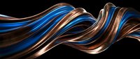 Abstract flowing copper and blue metallic ribbons creating dynamic waves against black background for modern design projects.