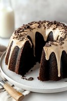 Chocolate bundt cake with creamy vanilla glaze dripping down sides, topped with chocolate shavings on white plate. Close-up view shows moist, rich texture.