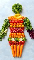 Fresh vegetables and fruits arranged in human body shape on light background. Creative healthy eating concept for nutrition and wellness lifestyle.