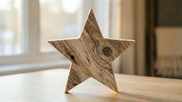 Wooden star decoration with natural grain texture standing on table in bright modern interior for home decor and craft projects.