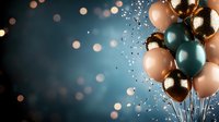 Festive balloon bouquet with metallic copper and teal balloons against bokeh lights background for celebration party decoration and special events.