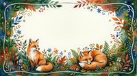 Autumn woodland border with sleeping foxes surrounded by colorful fall foliage, berries and flowers on cream background for seasonal design projects.