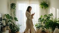 Young woman in linen outfit using smartphone among potted houseplants by bright window, surrounded by green foliage for home decor and lifestyle content.