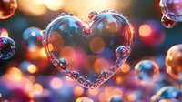 Magical heart shape formed by soap bubbles floating in air with colorful bokeh lights background creating romantic atmosphere. Perfect for Valentine's Day designs.
