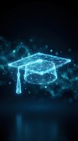 Glowing neon wireframe graduation cap with tassel on dark blue background with bokeh particles and digital network connections for education and online learning concepts.
