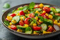 Fresh summer salad with cherry tomatoes, cucumber slices, sweet corn, and basil leaves served in rustic ceramic bowl, perfect for healthy lifestyle and food photography.