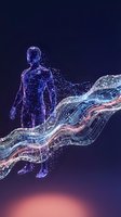 Digital human figure composed of glowing particles and data streams, standing beside flowing neon circuit patterns in blue and pink tones against dark background for technology concepts.