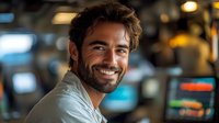 Smiling bearded man in white shirt at modern office workspace with blurred computer monitors and technology background. Professional corporate environment.