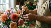 Florist arranging fresh cut flowers including dahlias and roses in a vase, hands holding stem while creating floral arrangement for events, weddings, or home decoration.