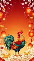 Chinese New Year rooster with red lanterns, cherry blossoms and gold ingots on festive background for lunar celebration greeting cards and decorations.