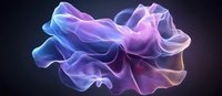 Flowing abstract fabric in blue and purple neon colors against dark background creates ethereal wave-like formation with luminous glow and translucent texture.