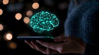 Glowing turquoise brain hologram floating above smartphone in dark setting with bokeh lights, showcasing artificial intelligence and future technology concept.
