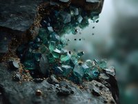 Emerald green dioptase crystals growing on dark mineral matrix, macro view of rare gemstone formation in natural geological environment.