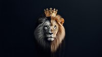 Majestic lion head split in black and white and color tones wearing golden crown against dark background, artistic wildlife portrait for design projects.