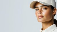 Young Hispanic woman wearing white baseball cap and collar, natural makeup with glowing skin against light background, looking confident and sporty.