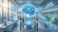 Futuristic AI brain hologram in modern office with diverse professionals analyzing data visualization and automated business processes for enhanced coordination.