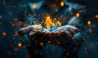 Hands holding glowing digital human figure with network connections and golden particles representing AI technology, innovation and digital transformation.