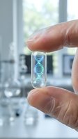 Hand holding transparent capsule with glowing DNA double helix inside for genetic research and biotechnology applications in modern laboratory setting.